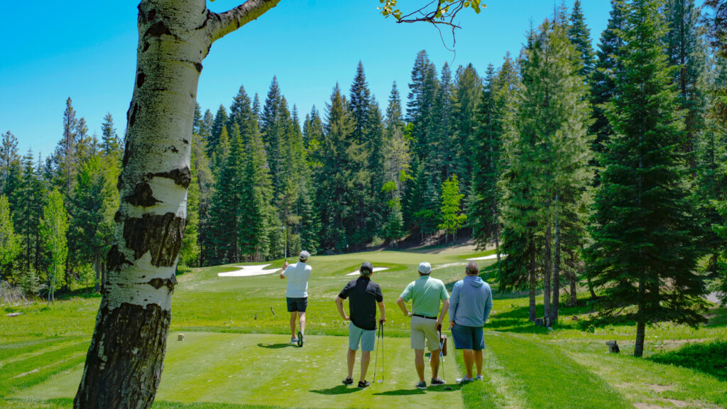 a group tees off a the premiere osprey meadows golf course