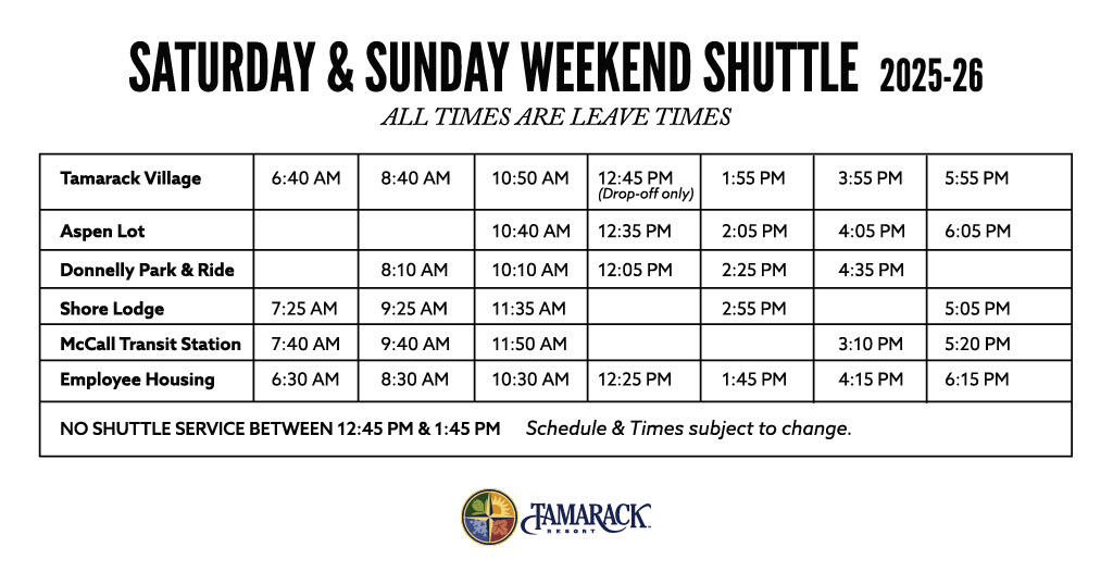 free shuttle at tamarack resort around the resort, to mccall, and to donnelly idaho